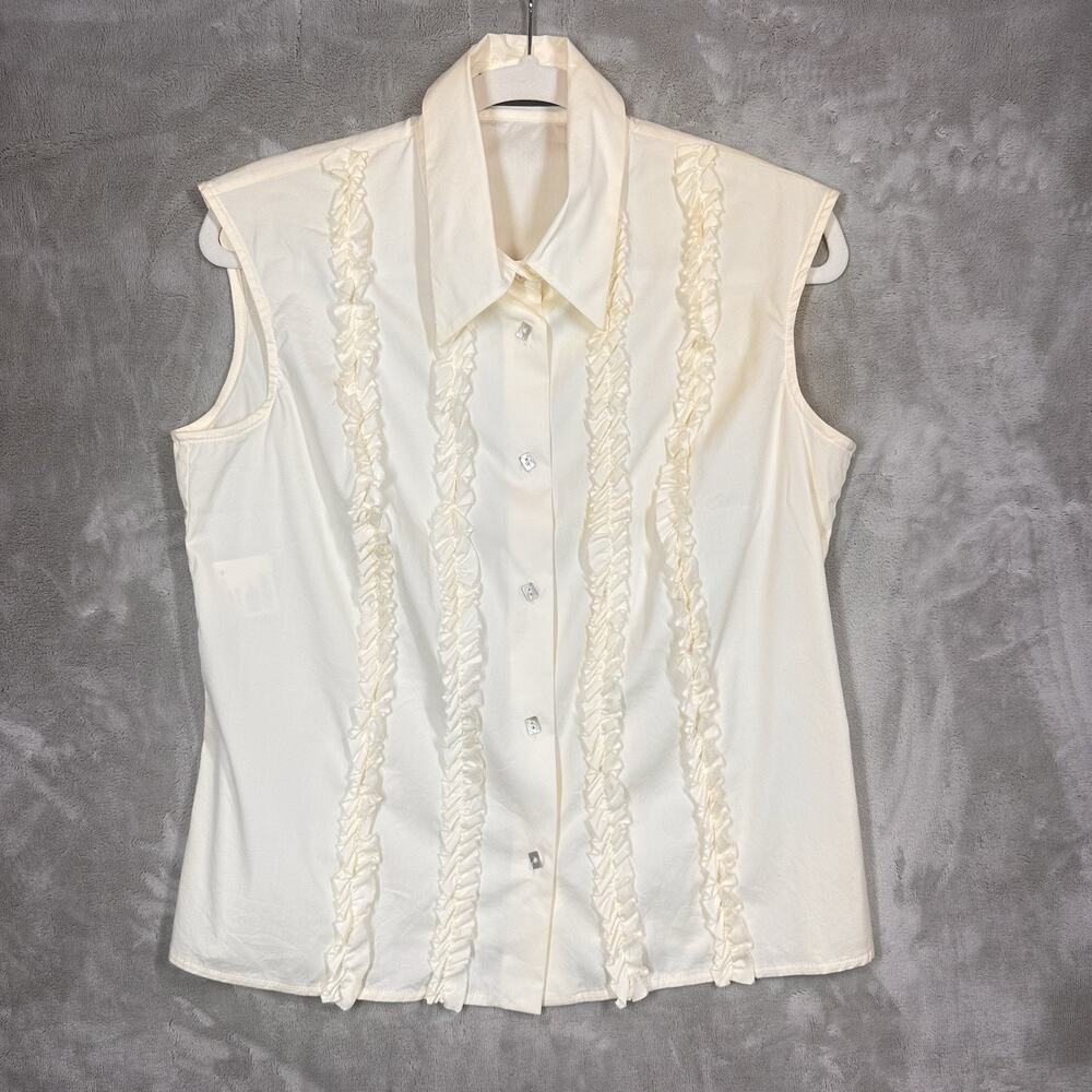 Piazza Sempione Size IT46, US10 L Ivory Sleeveless Ruffle Elegant Shirt Cotton